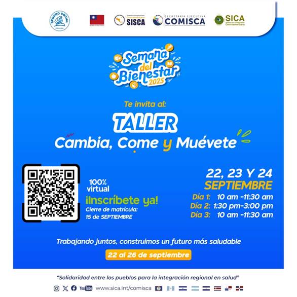 Taller Cambia, Come y Muévete. Se imparte: 22-23-24 de septiembre, Día 1: 10 am -11:30 am |Día 2: 1:30-3:00 pm | Día 3: 10 am -11:30 am Cierre de matrícula: 15 de septiembre a las 4 pm